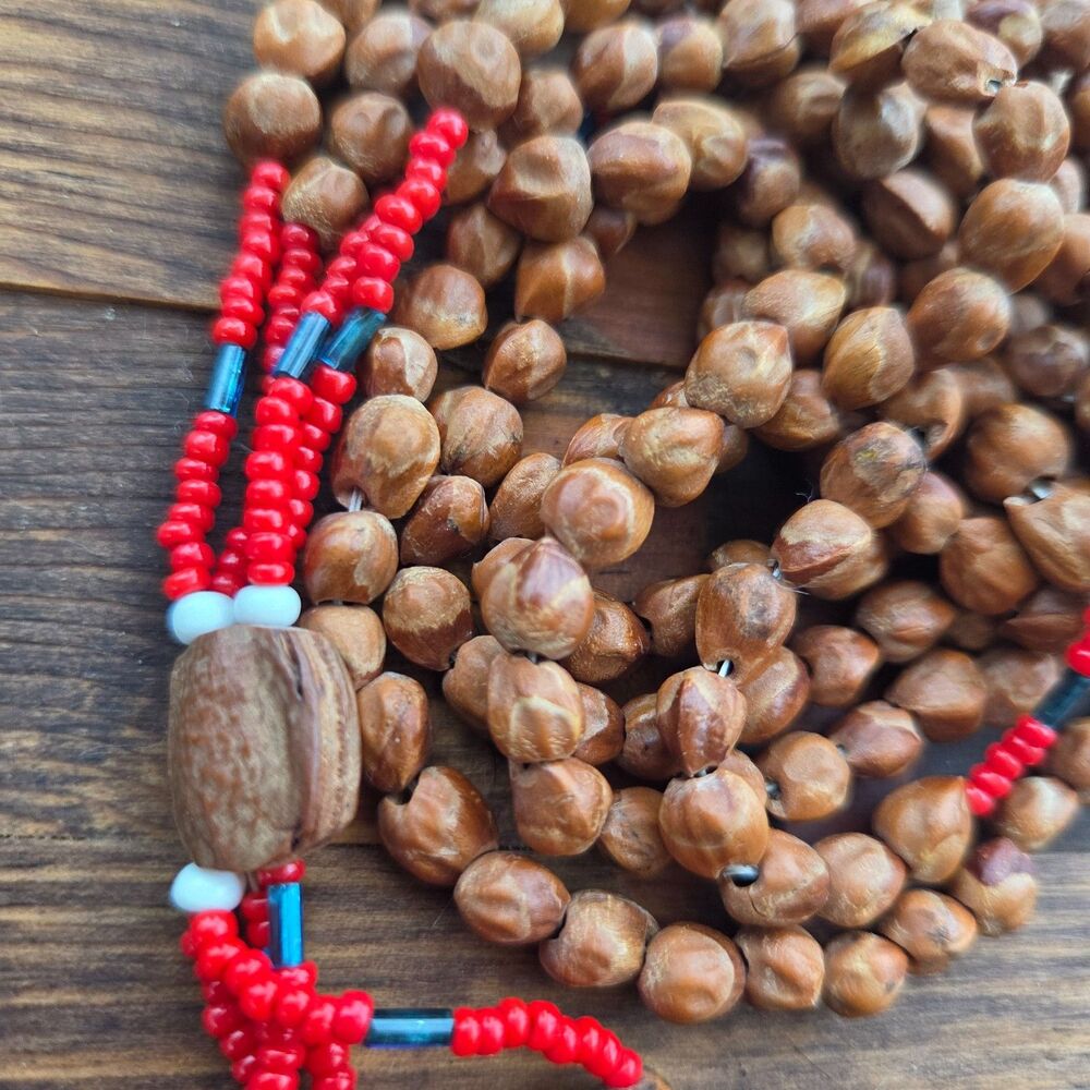 Natural Seed Bead Necklace 22" Multi Strand Brown Red Blue Tassel Boho